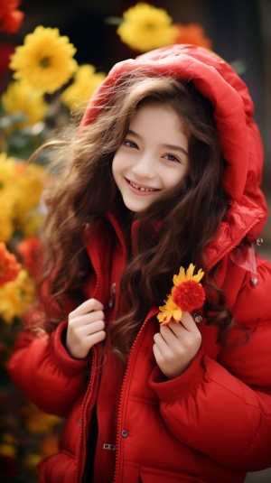 新年元素：微笑的甜美少女在花丛中绽放