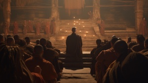 A monk speaks on a stage in a traditional brick temple in China. Some of the monks sat listening. 32K Ultra HD, primitive style, ink style