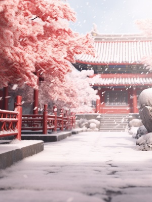 Unreal Engine, aesthetic atmosphere, snow,snow, virtual art, behance, creative composition, minimalist style, Snowy day, red wall of theForbidden City, plum tree on a red wall, covered in snow, blurred foreground, soft contrast, realism, color layers, depth of field, high quality, hyperfine detail, ar 3:4s 750