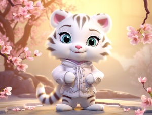 可爱奇幻的小白虎穿汉服迎着皮克斯风格的梅花背景