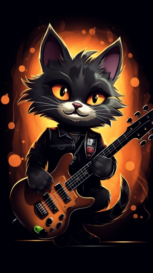 一只拟人化的又酷又可爱猫猫在弹吉他、矢量图、黑色底色、近景。
