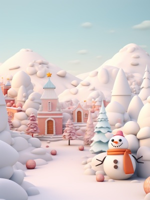 3Dclay world, A snowy winter scene, snowman, pure white background，minimalism, minimal colours, rich details, distant view, animated lighting, ray tracing, depth of field, cartoon-style, clay materials, orthographic view, 3D, C4D, blender, Dribbble, behance,OC Renderer, high detail, s 250 niji5