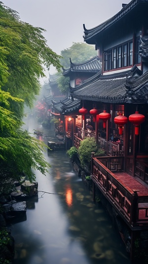 江南烟雨中的近景