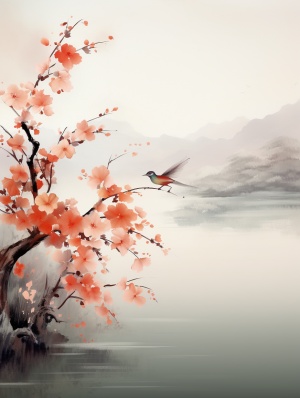 中国画水景与红色花朵