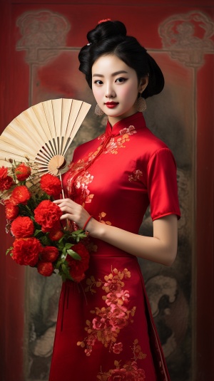 arafed woman in a red dress holding a fan in front of a wall with flowers, chinese style, traditional chinese, cheongsam, wearing a red cheongsam, chinese dress, chinese woman, chinese costume, traditional chinese clothing, with acient chinese clothes, chinese girl, chinese heritage, wearing ancient chinese clothes, inspired by Shang Xi