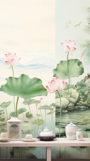 Modern Chinese Ceramics: Oriental Landscape with Lotus Leaves