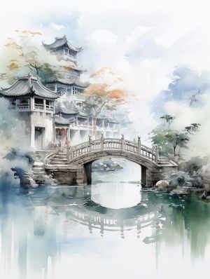 水墨画：新、中式小桥、流水、错落的房屋