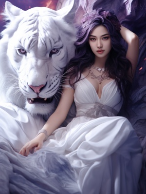 开朗女人被华丽礼服围绕的白色老虎
