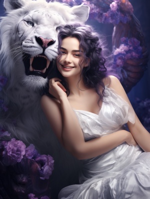 一个开朗的女人，梳着两个发髻，被一只巨大的白色老虎围绕着，华丽的白色礼服，紫色的头发，