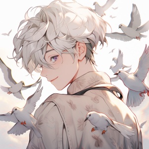 男生微笑侧脸，肩上落着鸽子，白色头发