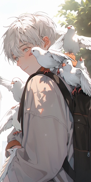 男生微笑侧脸，肩上落着鸽子，白色头发