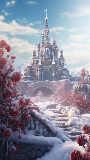 冰天雪地，远处古城堡被冰覆盖，近处很多玫瑰花，被冰块封起来的玫瑰花，人们在观赏讨论，广角镜头，高清