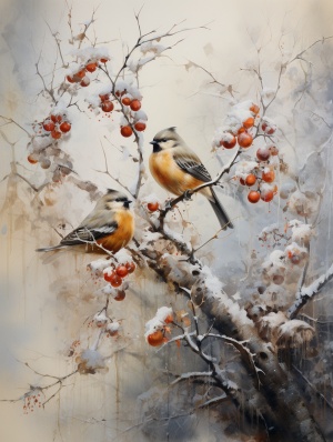 a hawthorn tree was covered with winter snow, and there were two little birds on the tree