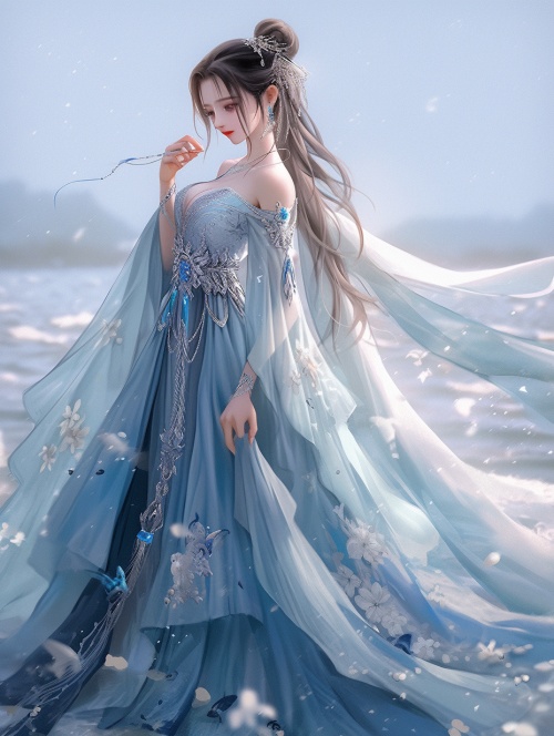 一位穿着蓝色汉服婚纱的中国女子，站在海边。她的汉服华丽而绚丽，镶有透明的水晶花朵，晶莹的珍珠水晶像钻石一样闪闪发光，婚纱栩栩如生，挂饰闪烁，拖着2米长的裙摆，美丽、高贵、多彩、神奇，光环绚烂，超现实，浅色背景，由张雨熙使用尼康D850和尼康AF NIKKOR 70-200mm f2.8E FL ED VR镜头拍摄，正面透视，电影感，真实主义ar 3:4q 2s 100niji 5【高清增强】