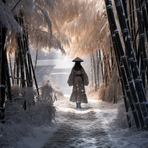一条小路，下着雪，旁边都是竹林，一个骑马旅人，大雪苍茫，天地独行，古装，