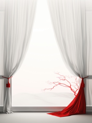 中国红窗帘-白色卧室窗户-细节风格-32K超高清