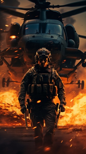a soldier walking behind a fire and an armored helicopter, in the style of realistic hyper-detailed portraits, playful cartoonish illustrations, dark, 8k, angelcore, group f64, close up