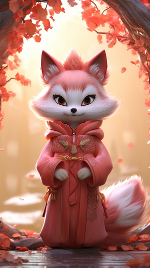 可爱九尾狐与色彩缤纷桃花