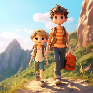 super cute happy boy 10 years old IP by pop mart , with his mother , carrying a cute travel bag , scenes in summer , on a beautiful mountain path , on a sunny day , full body ,3D art ,C4D, octane rendering , ray traction , clay materials , POPMART blind box , Pixar trend , animated lighting , depth of field , super details , pastel color , mockup , fine luster , clean background ,3D render , soft focus , oc , blender , IP , best quality ,8K- niji 5