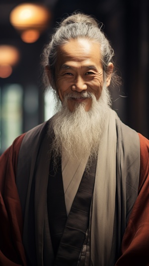 一个老和尚，中国风，花白胡子，正脸，笑容，中国唐装，穿着袈裟，面向前方，