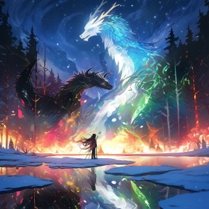 龙和凤皇在璀璨的星空中盘旋，美丽的极光，倒映在湖中，白雪树林