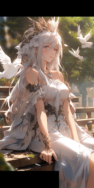 perfect hybird of ultra instinct five understandings to standing shoulder to shoulder with gods a woman with long white hair sitting on a bench, cinematic bust portrait for dark dress!! of goddess, | fine detail anime, shenhe from genshin impact, extremely high detail, clos up of a young anime girl, 2b niji 5 ar 9:16