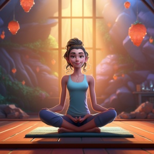 一个穿着瑜伽服的女孩在瑜伽馆练瑜伽，皮克斯迪士尼风格gradient background渐变背景3D rendering,3D,Blender,C4D,Octanerendering三维渲染词