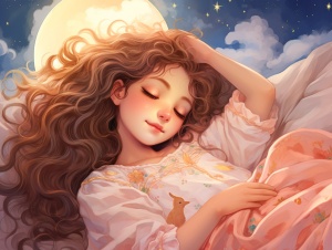 月亮女孩蓬乱的长发，穿着柔软的粉色印花睡衣，脸上透露着宁静的微笑。她抱着一只柔软的棉花枕头，枕头上精致的刺绣图案映衬出她可爱的身影。她的睡眼朦胧，目光中流露着一丝安心与慵懒。光线透过半掩的窗帘洒下，为她增添了一丝神秘的氛围。在安静的夜晚里，她似乎成为了月光下最迷人的存在。