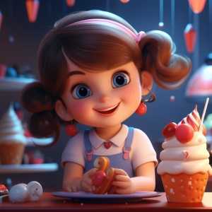 甜品店LOGO设计-小女孩脸部特写-波普风-红蓝配色-8k高清