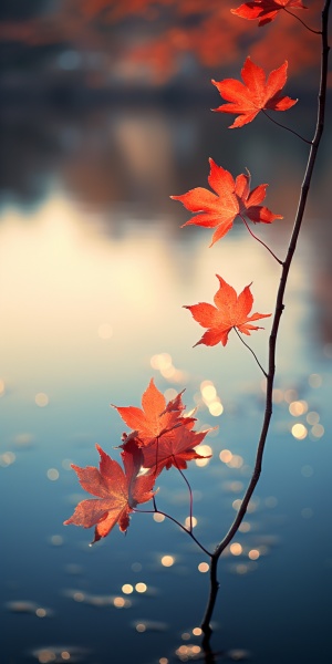 影像大师Annie Griffiths的摄影作品。秋天的黄昏，湖畔树枝上一片红色的枫叶，夕阳，光斑，光与影的艺术，唯美主义，右上角合理构图，背景虚幻， q 5 s 75