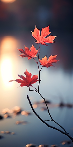 影像大师Annie Griffiths的摄影作品。秋天的黄昏，湖畔树枝上一片红色的枫叶，夕阳，光斑，光与影的艺术，唯美主义，右上角合理构图，背景虚幻， q 5 s 75