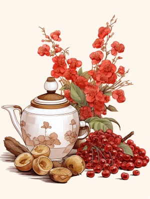陶罐奶茶，旁边放红枣，桂圆，玫瑰，枸杞，茶叶，有小花点缀。