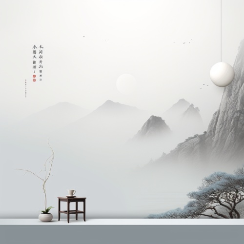 中国早晨，以广告风格启发，浅白和灰色色，广告海报，极简主义舞台设计