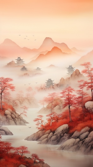 Chinese landscape painting, light golden woods, distant pavilions, red and gray mountains, artistic conception, freehand landscape, transparent texture, clear picture, luminous effect, rendering, diffuse gradient