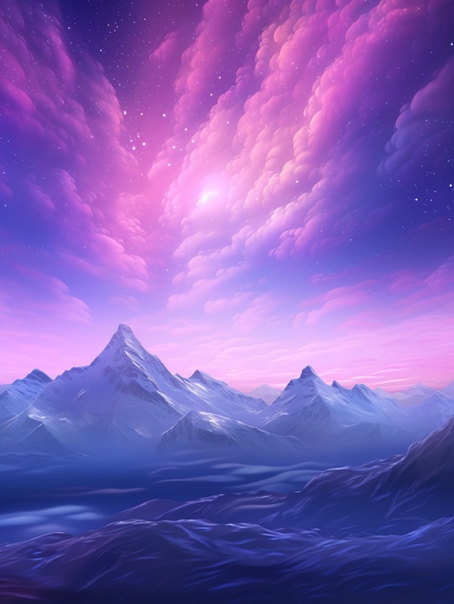 ethereal aurora, flowing in the sky, virtual, starlight twinkling, glowing, lavender and light blue interlaced aurora in snow, heart-shaped aurora, snow-capped mountains, snow rivers, snow storms, colorful stars twinkling, illusory engine, 4k high definition, high definition v 3