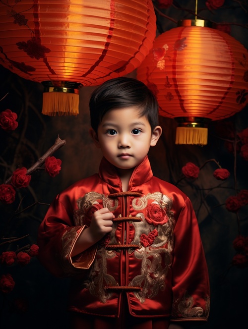 Surrealistic child photography, Chinese lantern with printed dragon motif surrounded by red plum blossoms, close-up, a cute little Chinese boy standing in front of the lantern with a smile on his face, 4 years old, dressed in a gorgeous Han Chinese costume with alternating red and yellow colors, grandiose scene, minimalism, Chinese dragon costume, surrealism, masterpiece, cinematic lighting v 6