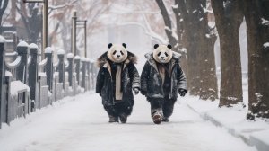 穿着大衣的大熊猫漫步在白雪皑皑的冬日街道关键词：舒适的冬装，雪天的城市景观，悠闲的漫步，迷人的熊猫，宁静的雪景风格：逼真照相机和镜头：Fujifilm GFX100，63mm f2.8照明：雪天柔和的漫射光环境：冰雪覆盖的城市街道，具有冬季氛围长宽比命令AR16:9v5.2