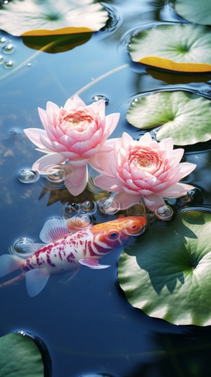 超现实主义之水上心形：粉金鱼和玉粉莲花