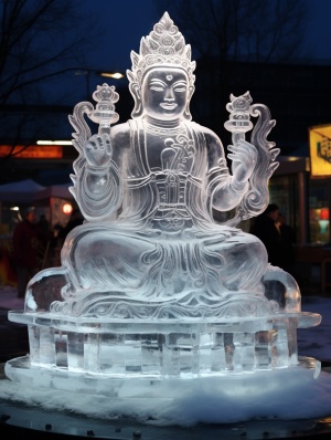 透明冰块茅台雕像在雪地中展示
