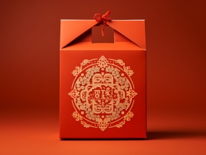 中国食物盒子特写：红色背景，inspired by Pu Hua