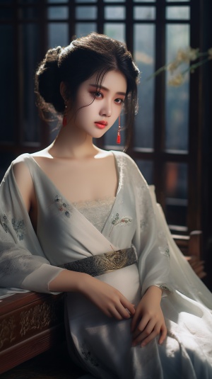 完美演绎中国女性之美——雪地白衣黑发微笑，高质量HDR照片级真实皮肤描绘