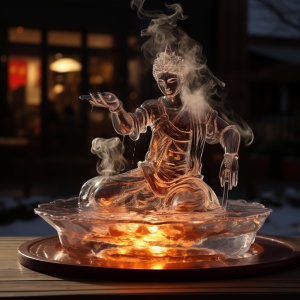 透明冰块火锅雕像在雪地中