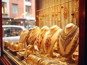 橱窗商店里陈列着各种金色和红色商品，精心制作的黄金首饰，精心制作的华丽的珠宝，华丽和复杂的珠宝，复杂的黄金首饰，黄金首饰，复杂的黄金元素，黄金首饰，黄金饰品，黄金装饰品，黄金华丽的珠宝，珠宝展示，在墙上的黄金宝藏，华丽的珠宝，华丽的珠宝，精心制作的珠宝，黄金珠宝
