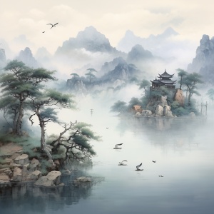 亚洲风格的柔和雾气中的超现实动画