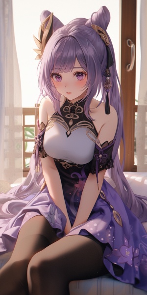 a woman sitting on top of a bed next to a window, an anime drawing, by Shitao, pixiv, shin hanga, wearing purple strapless dress, big (.)(.)!!, cell shaded animation, artgerm. high detail, she has purple hair, she has a jiggly fat round belly niji 5 ar 9:16