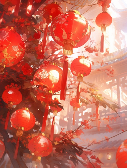 synctid的中国年，立体模型，中国园林，红灯笼，详细，分层的构图，新年艺术字，超详细的诗意国潮插图