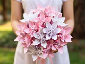 女人手中粉色大花：纸花折纸、樱花折纸玫瑰、花束