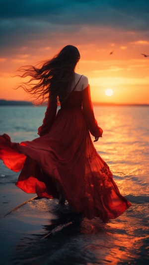 迷人夕阳下的海边长发女子