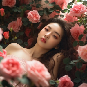 佳能 RF 85 mm f1.2L 一个中国女孩躺在玫瑰丛里，平行视角，柔和光线 ，超高清，真实的皮肤质感，三分法构图，丰富细节，自然里的轮廓，微笑写真，8K