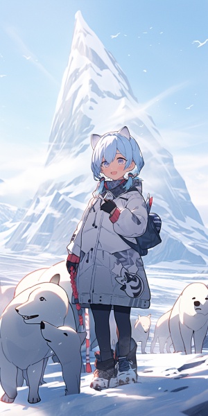 北极熊身边微笑的8岁小女孩与北欧雪山背景